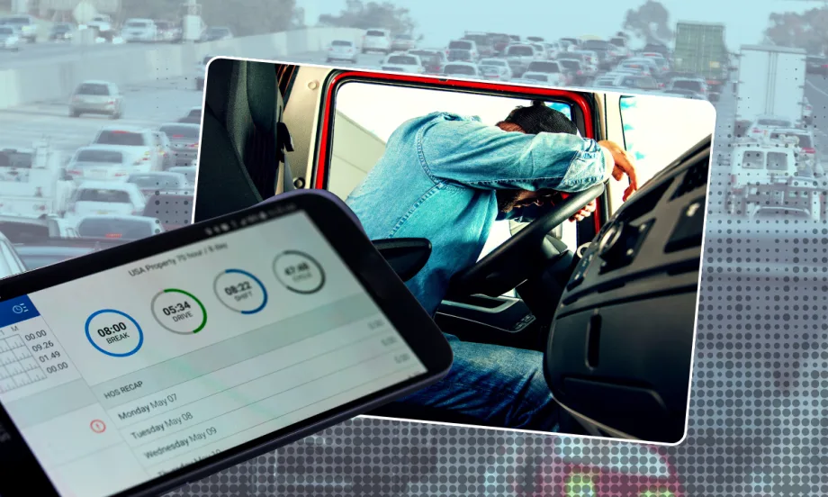 Illustration of tired truck driver, electronic logging device, and traffic congestion