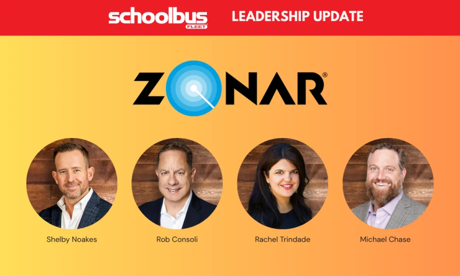Headshots of Shelby Noakes, Rob Consoli, Rachel Trindade, and Michael Chase featured in a Zonar leadership update graphic from School Bus Fleet.