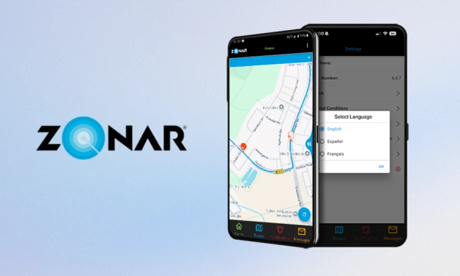 Zonar Bus Suite app shown on smartphones with map tracking and language selection options, highlighting multilingual support for school transportation updates.