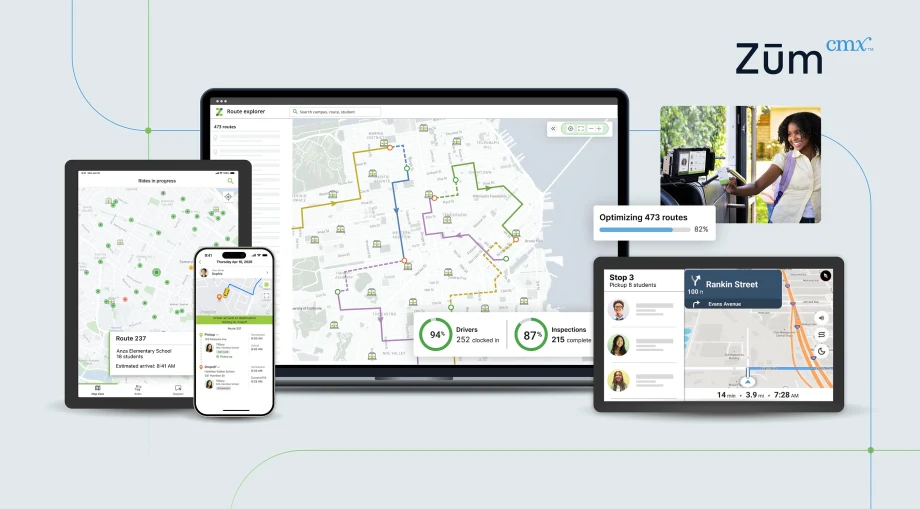 Zūm CMX student transportation platform shown across a laptop, tablet, smartphone, and in-vehicle display, featuring route planning, optimization, student pickup, and driver navigation tools.