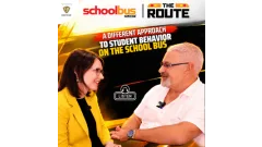 School Bus Fleet’s The Route podcast thumbnail featuring host Amanda Huggett and guest Sam Freshner, with the headline “A Different Approach to Student Behavior on the School Bus” over a yellow school bus background.