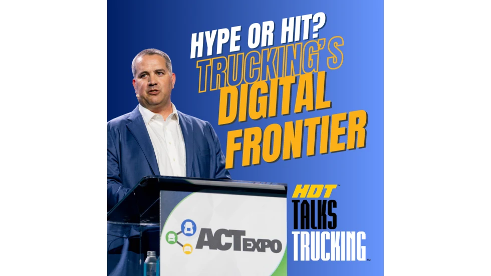 Illustration showing man at podium and "digital frontier: Hype or hit" text