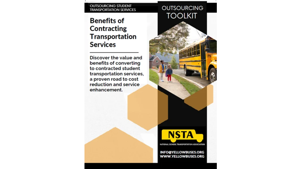 Cover page of an NSTA (National School Transportation Association) whitepaper titled "Outsourcing Student Transportation Services Toolkit: Benefits of Contracting Transportation Services." The design features a blue and gold color scheme with a yellow school bus graphic at the top. The subtitle reads, "Discover the value and benefits of converting to contracted student transportation services, a proven road to cost reduction and service enhancement." Contact information for NSTA appears at the bottom, including the website YellowBuses.org and email address info@yellowbuses.org