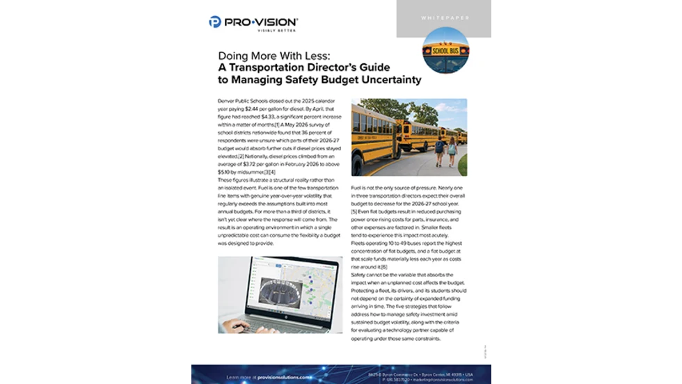 Cover of a Pro-Vision whitepaper titled “Doing More With Less: A Transportation Director’s Guide to Managing Safety Budget Uncertainty,” featuring school buses, a school transportation scene, and safety technology imagery.