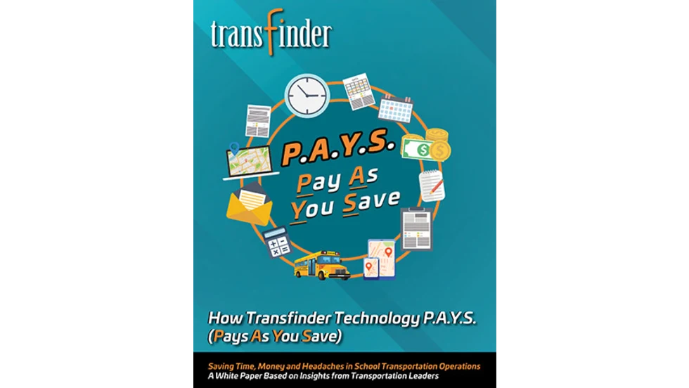Transfinder promotional graphic featuring “P.A.Y.S. – Pay As You Save” surrounded by icons of school transportation operations (bus, maps, calendar, clock, documents, and money), with tagline about saving time, money, and headaches in school transportation.