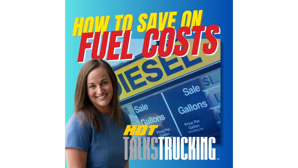 Podcast thumbnail saying "How to Save on Fuel Costs" with diesel pump in the background and photo of the woman guest
