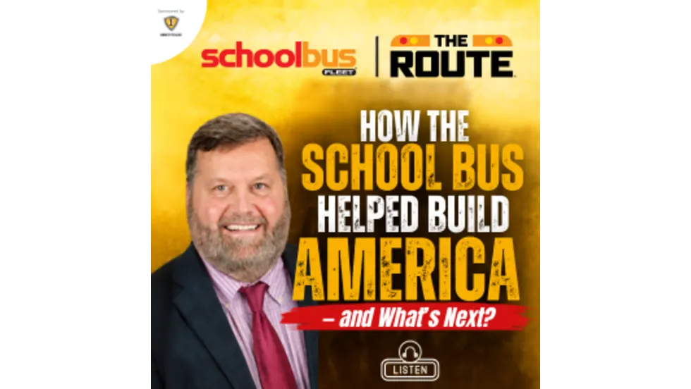 Promotional thumbnail for The Route podcast featuring School Bus Fleet Editor Amanda Huggett and NSTA Executive Director Curt Macysyn