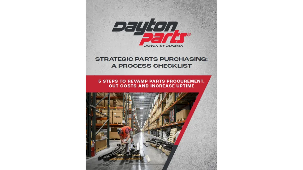 Cover of a Dayton Parts guide titled "Strategic Parts Purchasing: A Process Checklist." The cover highlights "5 Steps to Revamp Parts Procurement, Cut Costs and Increase Uptime" and features a warehouse aisle with shelving full of automotive parts, where a worker is organizing heavy-duty suspension components on a pallet.