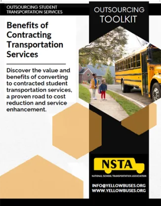 Cover page of an NSTA (National School Transportation Association) whitepaper titled "Outsourcing Student Transportation Services Toolkit: Benefits of Contracting Transportation Services." The design features a blue and gold color scheme with a yellow school bus graphic at the top. The subtitle reads, "Discover the value and benefits of converting to contracted student transportation services, a proven road to cost reduction and service enhancement." Contact information for NSTA appears at the bottom, including the website YellowBuses.org and email address info@yellowbuses.org